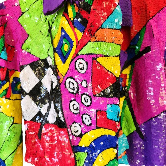 Sequin Moto Jacket Women's Neon Multicolor OOAK Zipper Front100% Silk Sz Medium - Picture 7 of 17